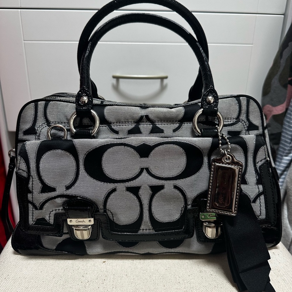 Gray and Black Coach Signature Bag